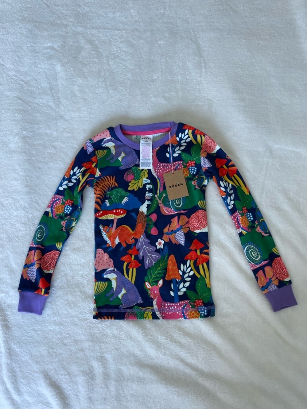 Mini Boden Navy Long Sleeve Top with Bright Multi Animal Print